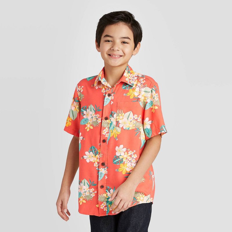Boys' Tropical Print Short Sleeve Button-Down Shirt - Cat & Jack™ Orange M