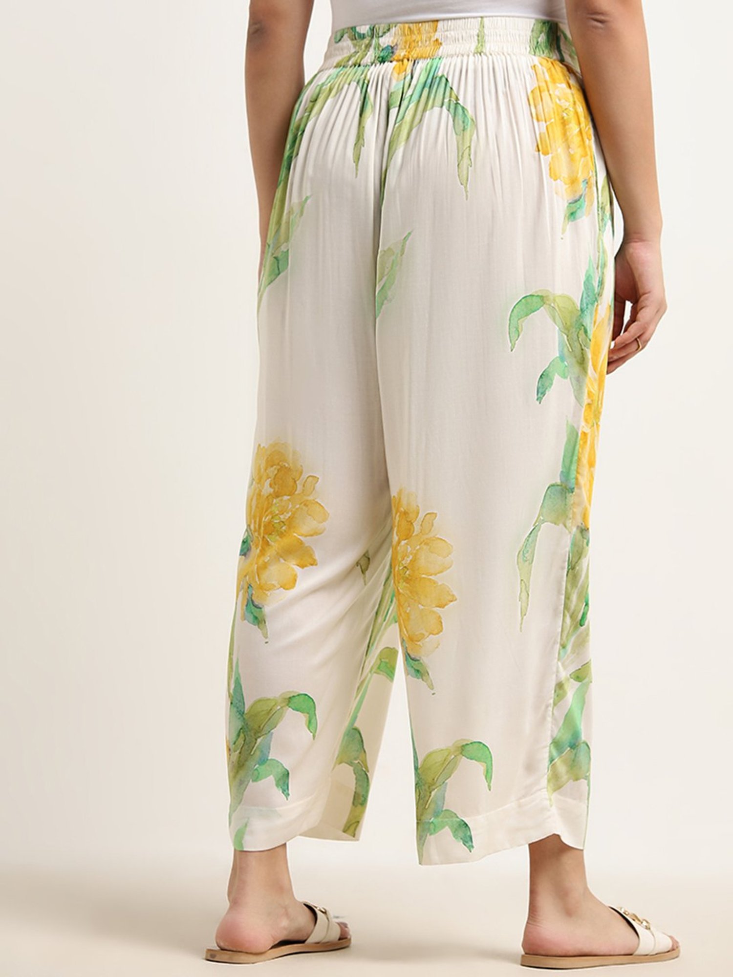 Diza by Westside Yellow Floral Printed High-Rise Palazzos