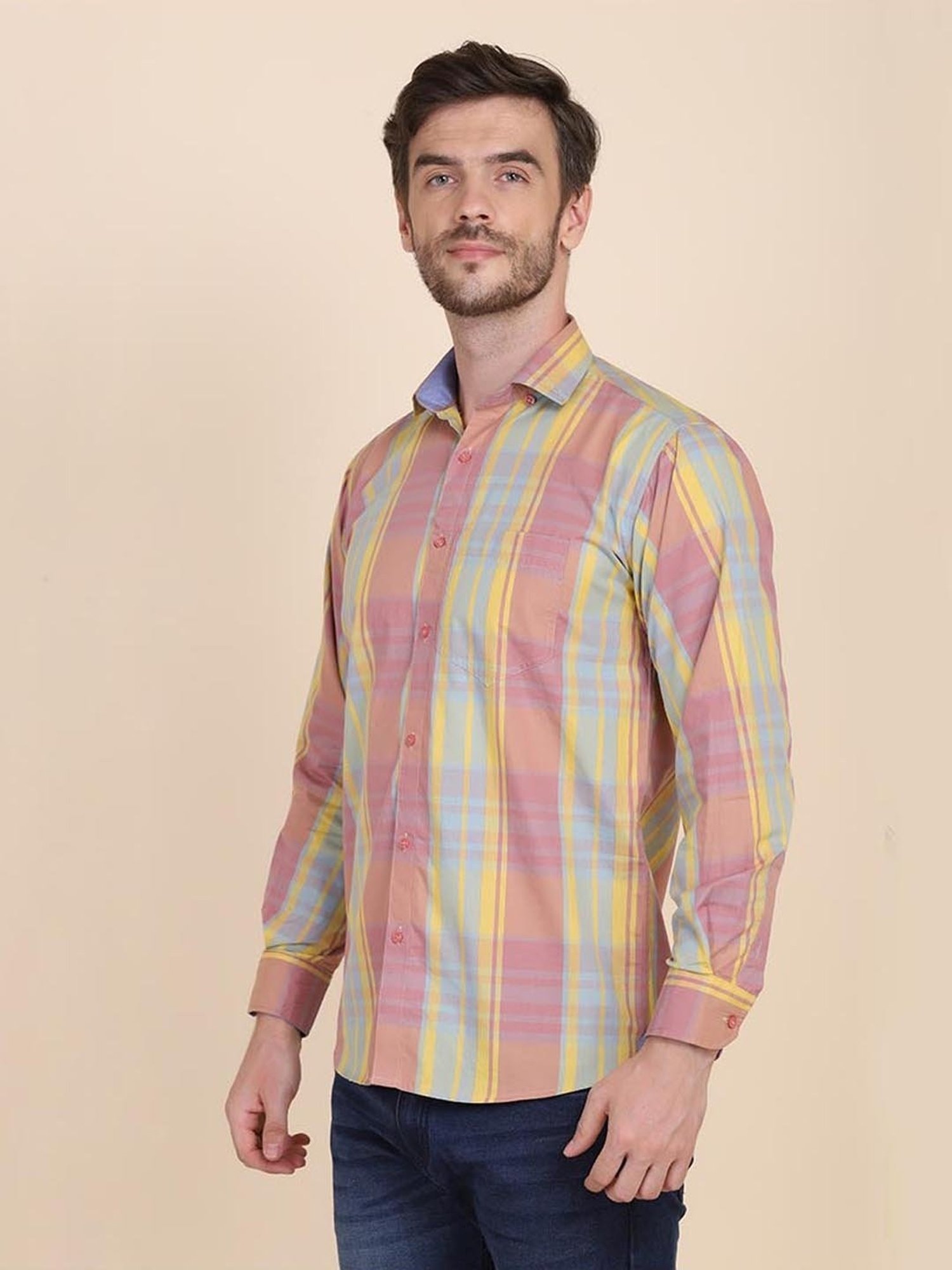 TAHVO Pink & Yellow Cotton Slim Fit Checks Shirt