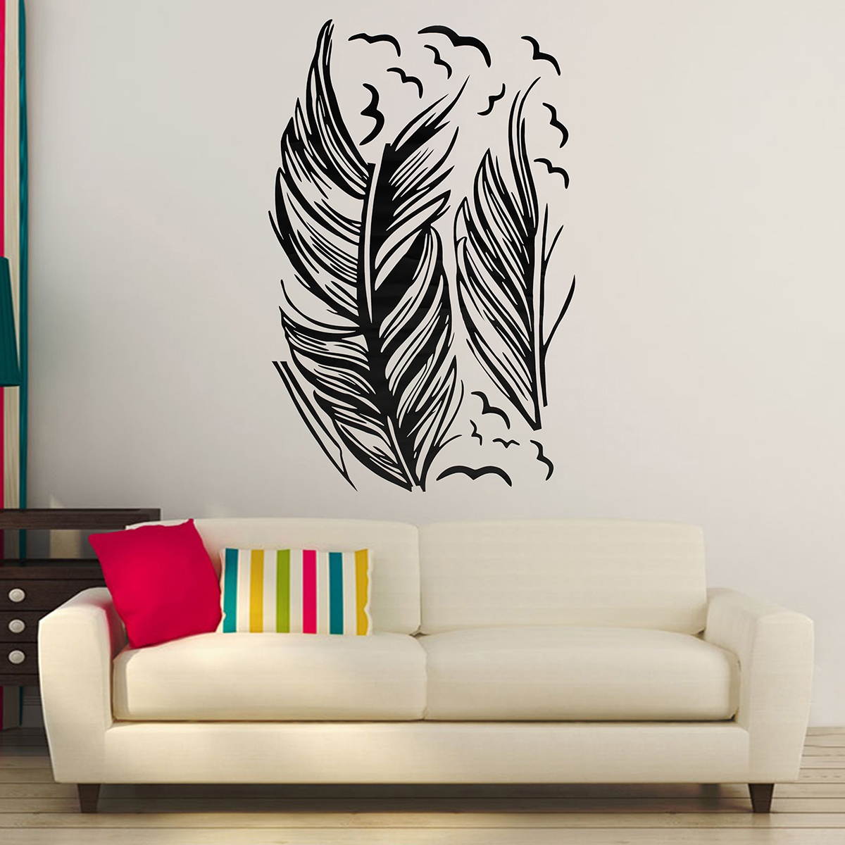 DIY Modern Plume Feather Wall Sticker Birds Flying Feather Removable Wall Sticker Vinyl Mural Painting  for Home Living Room Grey
