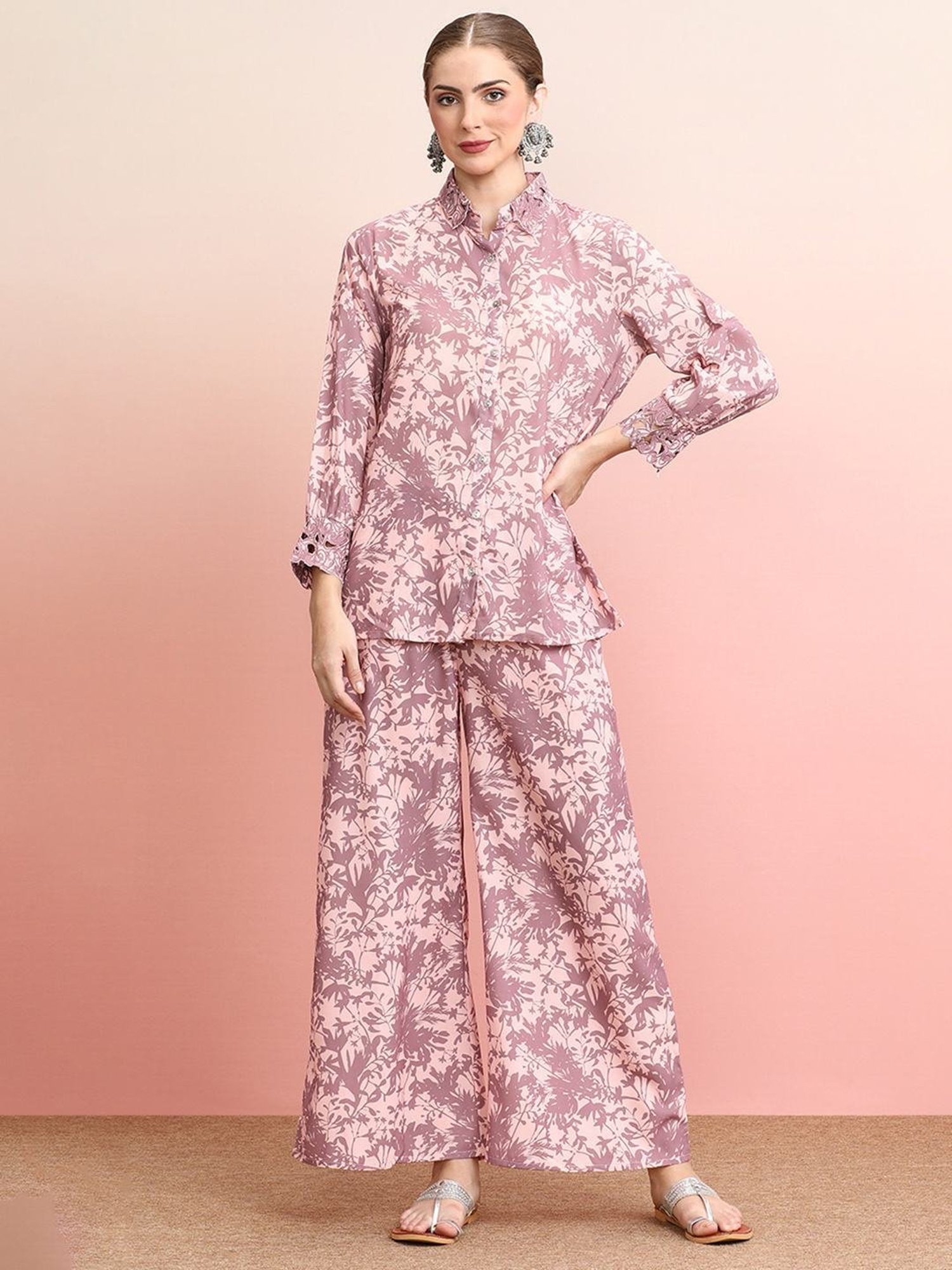 Indo Era Purple Floral Print Shirt Palazzo Set