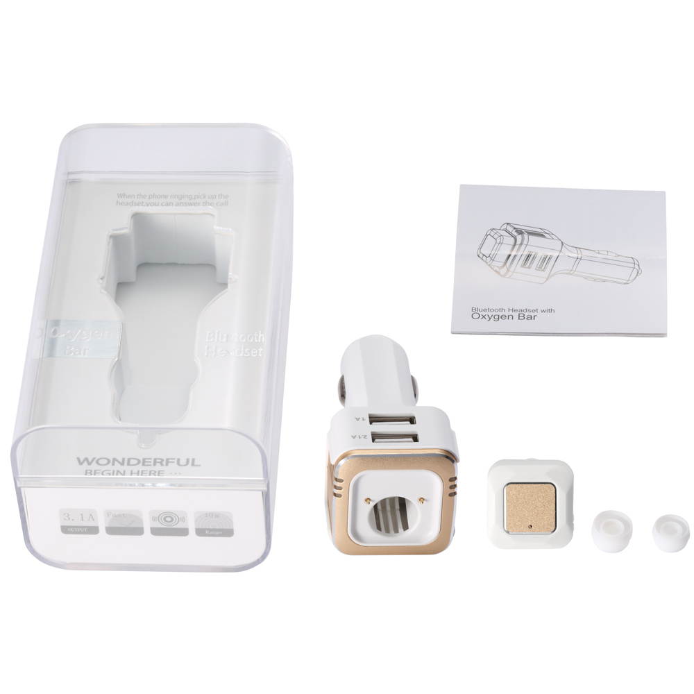 [Second Generation] Megadream&reg; Healthy Car Charger Bluetooth Headset Oxygen Bar with Noise Reduction for iPhone 6S Plus 6 iPad Air 2 Mini Pro Samsung Galaxy S6 Edge Plus S5 Note 5 4 HTC Sony LG Gold