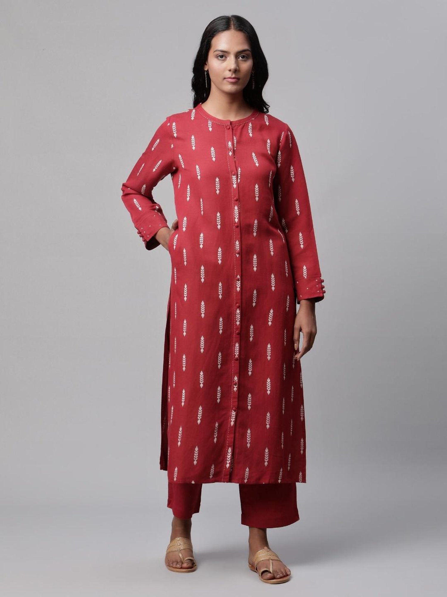 Linen Club Women Maroon Printed Kurta