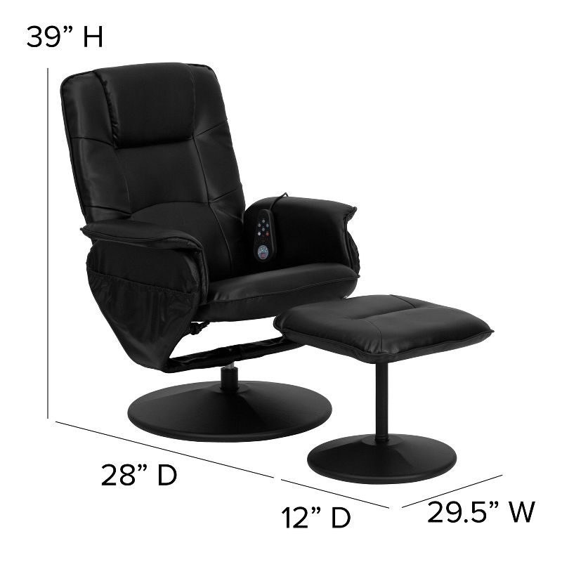 Flash Furniture Massaging Adjustable Recliner with Deep Side Pockets and Ottoman with Wrapped Base in Black LeatherSoft