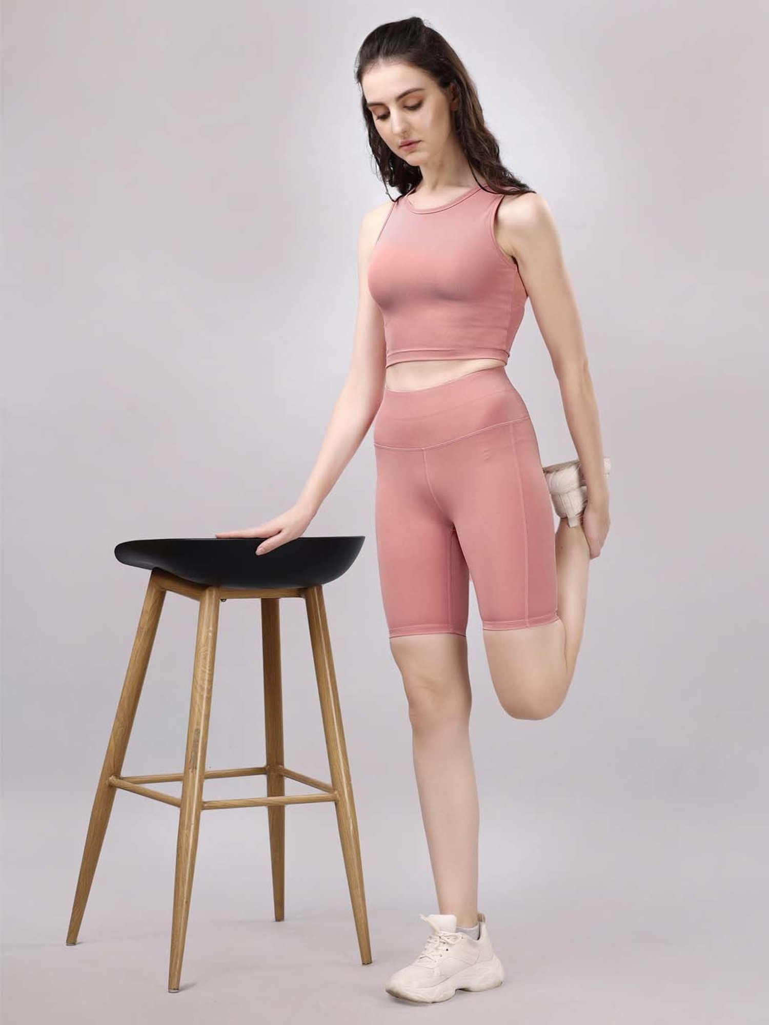 Soie Pink Plain Sports Tank Top Shorts Set