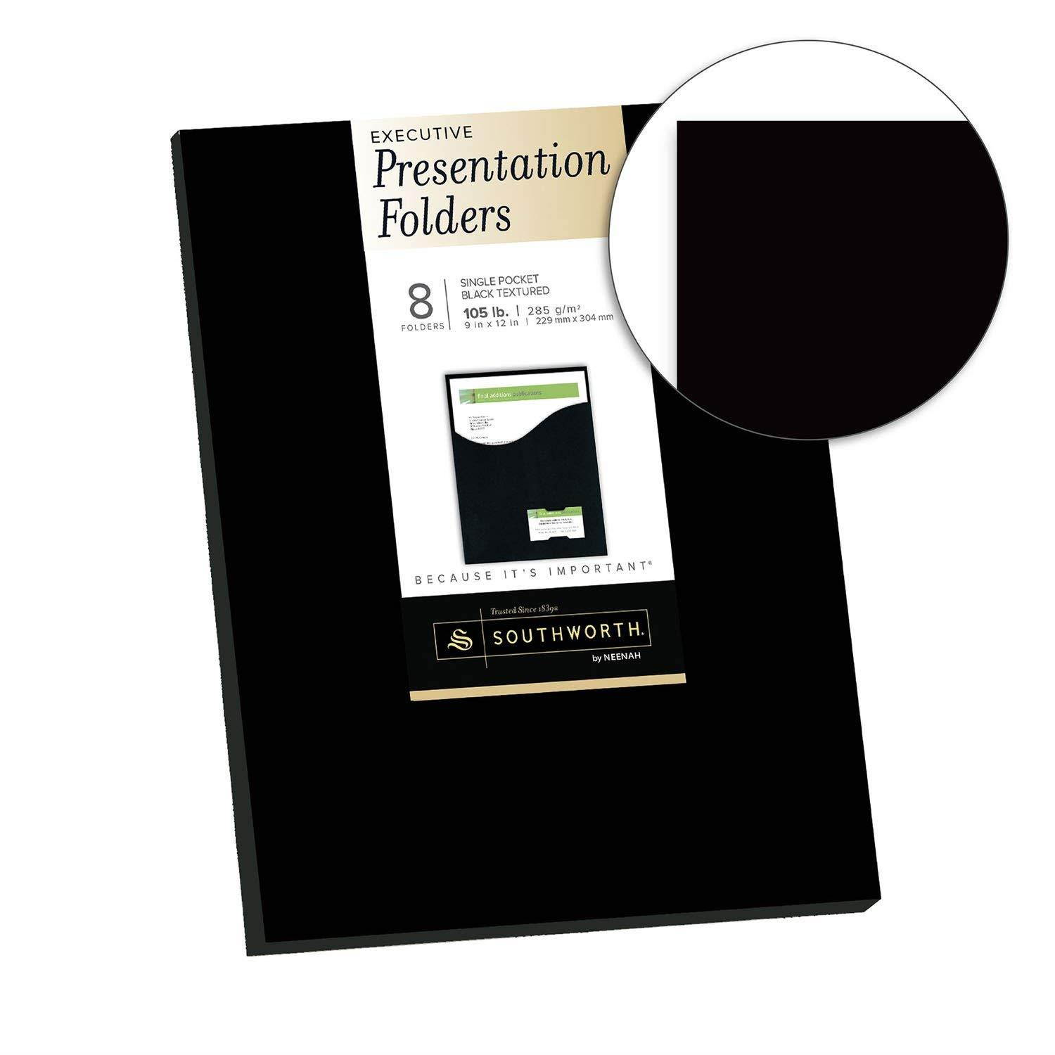 Southworth Resume Presentation Folders, 9&rdquo; x 12&rdquo;, 105 lb/285 gsm, Single-Pocket, Black, Felt Finish, Cardstock, 8 Ct. (98873)