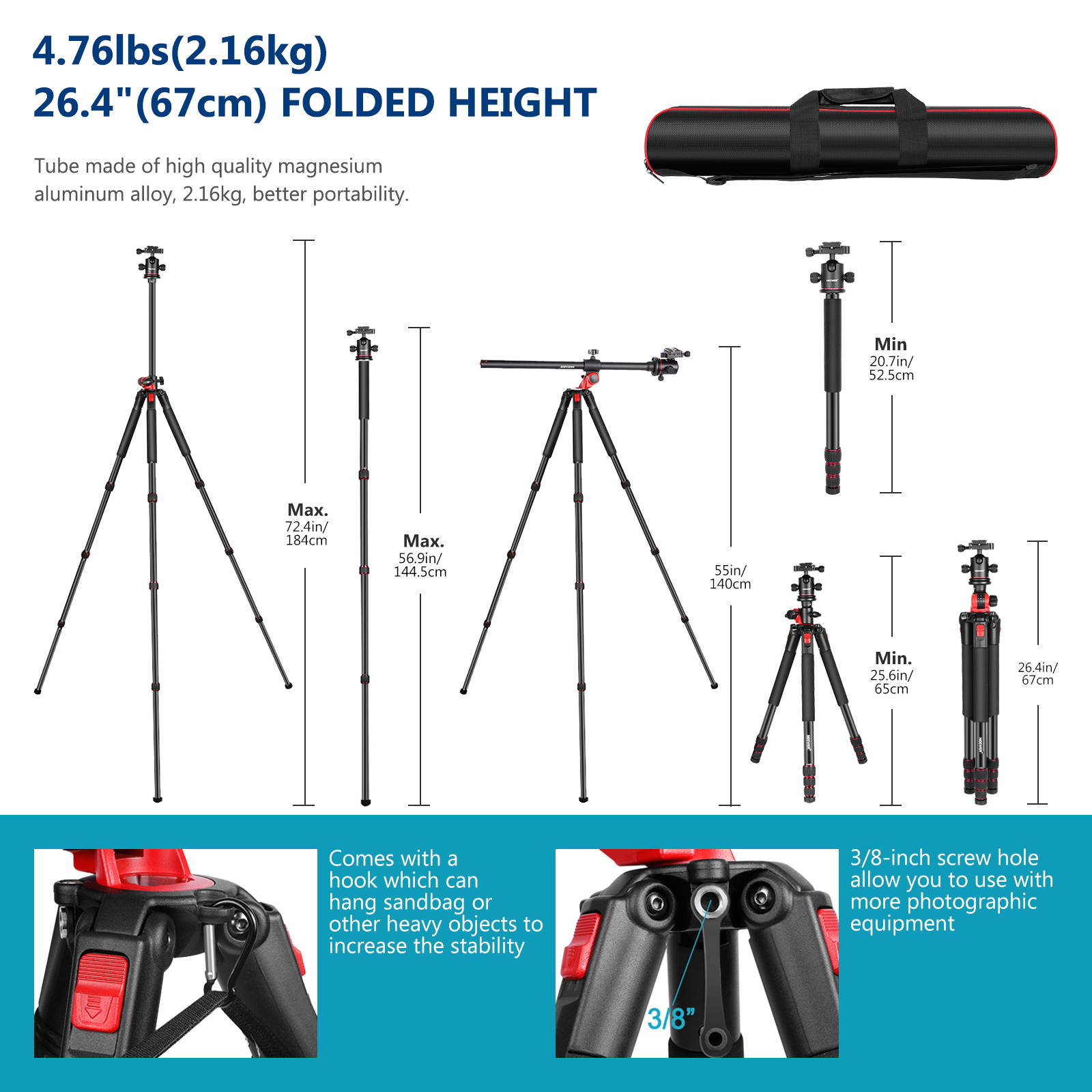 Neewer 72.4-Inch Aluminum Camera Tripod Monopod with 360-Degree Rotatable Center Column and Ball Head, Quick Shoe Plate, Bag for DSLR Camera, Video Camcorder, Travel, and Work, Load Up to 33 Pounds