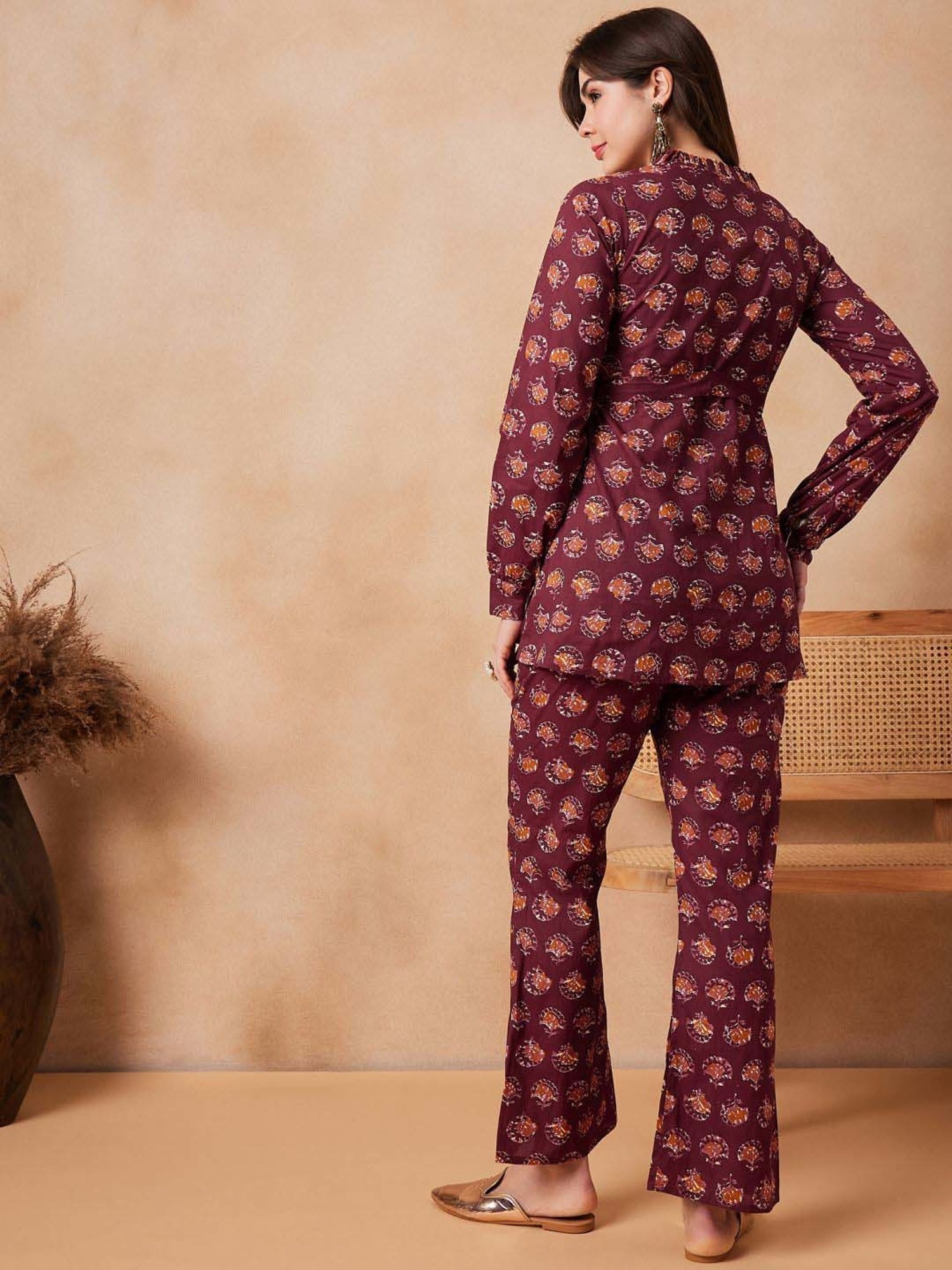 Inweave Maroon Cotton Printed Top & Pant Set
