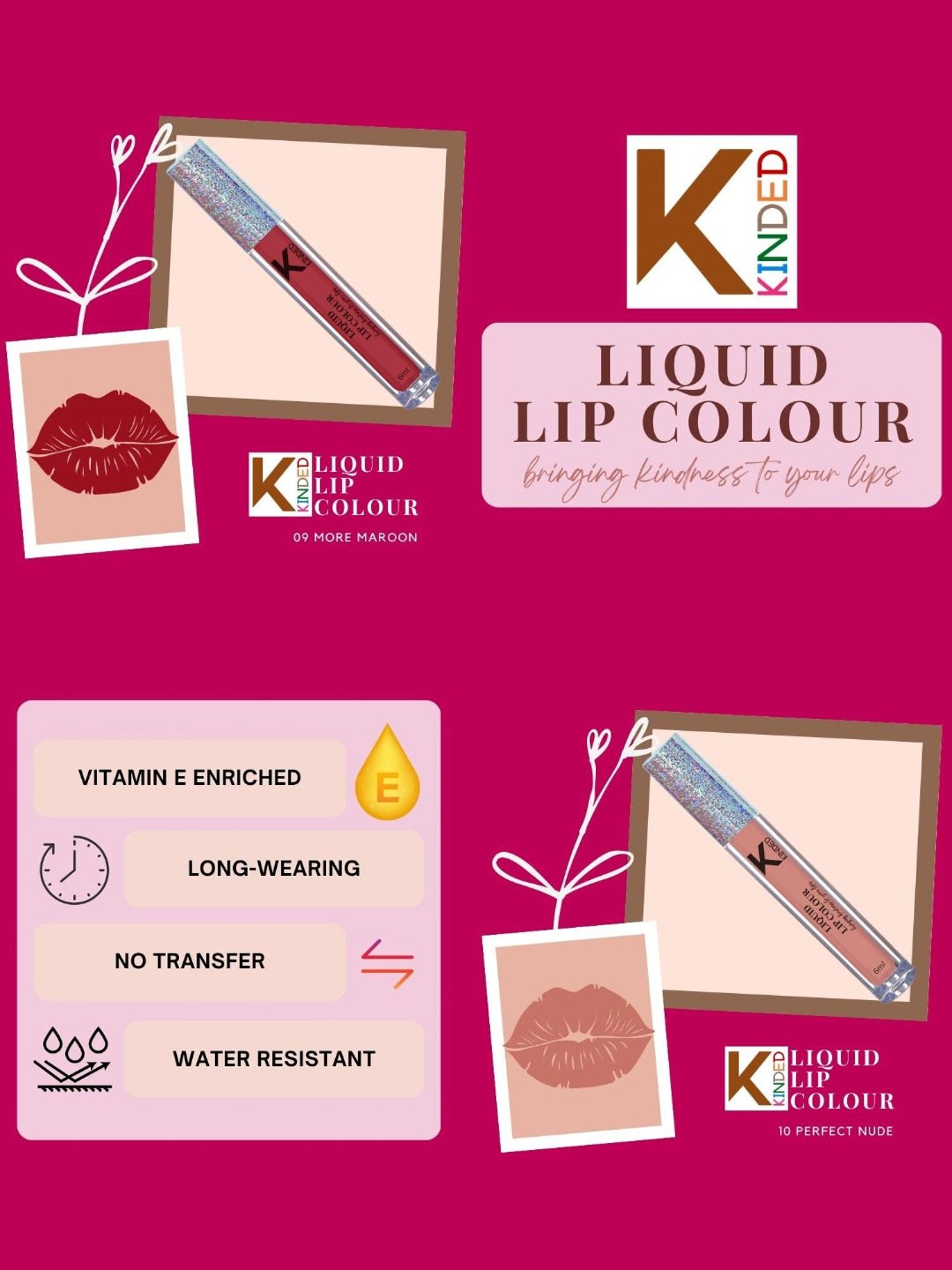 KINDED Liquid Lip Colour Set, Pack of 10