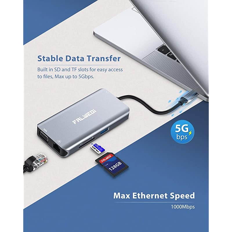USB C Hub, Type C Adapter,  10-in-1 Dongle with Ethernet, 4K@30Hz HDMI, VGA, 3 USB3.0, SD/TF Card Reader, Mic/Audio, USB-C PD 3.0, Compatible for MacBook Air Pro and Other Type C Laptops