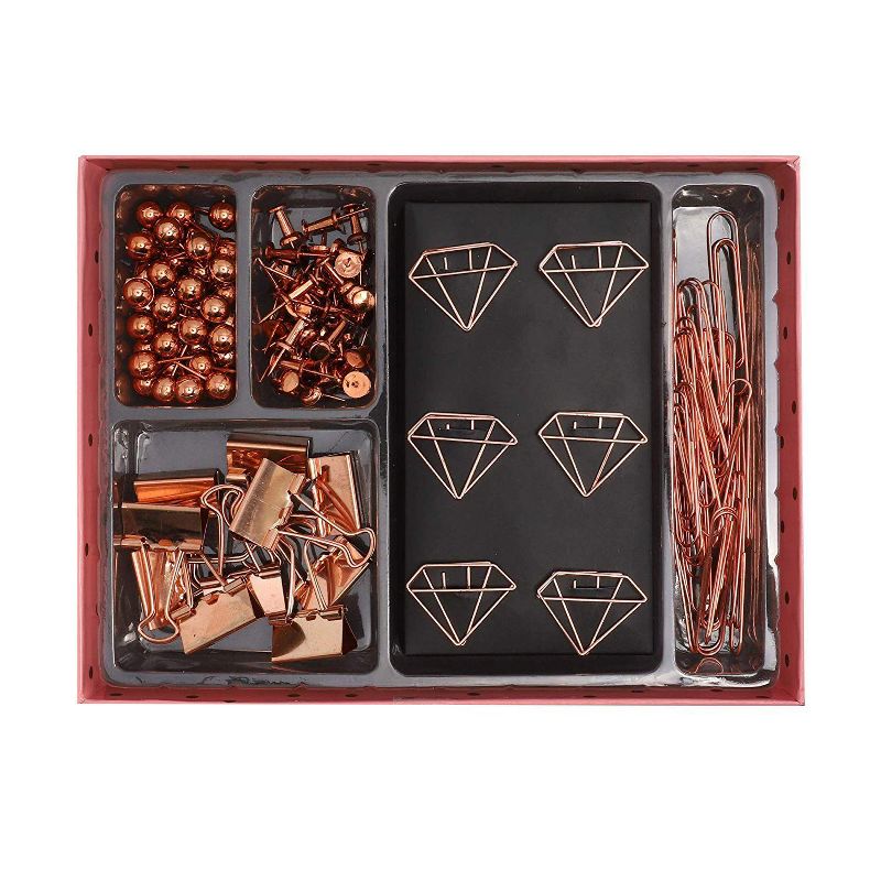 Paper Junkie 126-Piece Diamond Metallic Rose Gold Paper Clips, Push Pins, Binder Clips Set with Box
