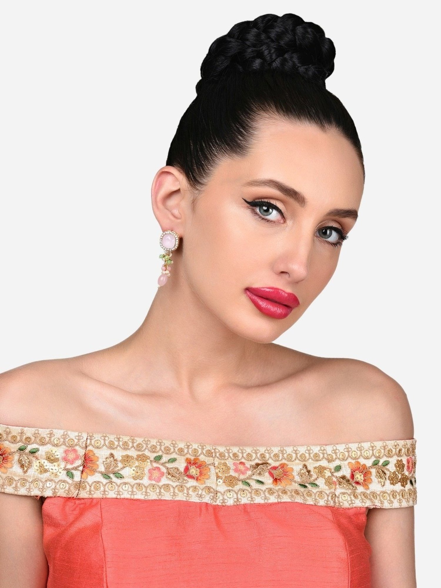 Zaveri Pearls Pink Green Stones & Beads Dazzling Austrian Diamond Drop Earrings-ZPFK15879