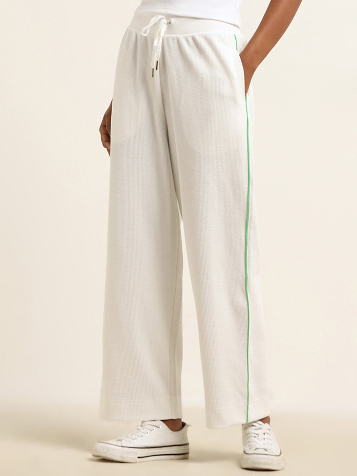 Studiofit by Westside White Ribbed Mid-Rise Cotton Blend Track Pants