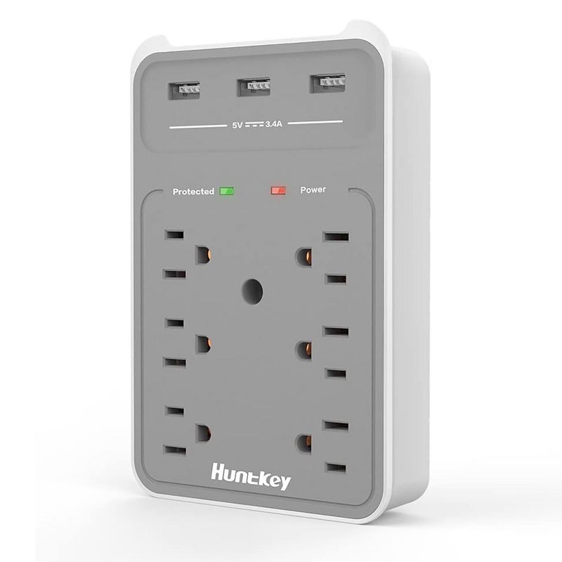 Huntkey 3 x SMD607 Multiport Dual Electrical Wall Outlet Extender with 6 Surge Protected AC Plugs and 3 USB Charging Ports, Grey/White (3 Pack)