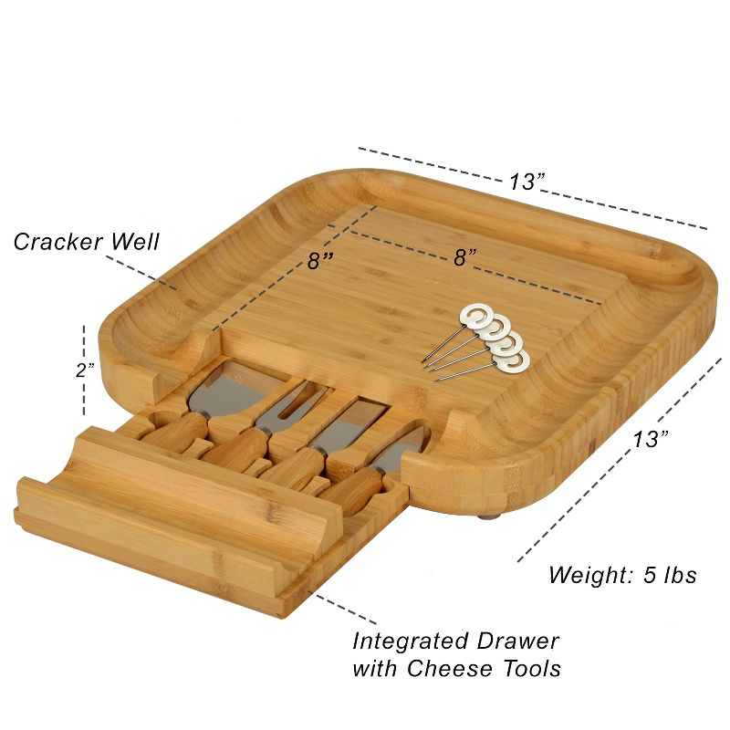 Picnic at Ascot - Bamboo Cheese Board with Cracker Groove & Integrated Drawer w/Cheese Serving Set & Markers