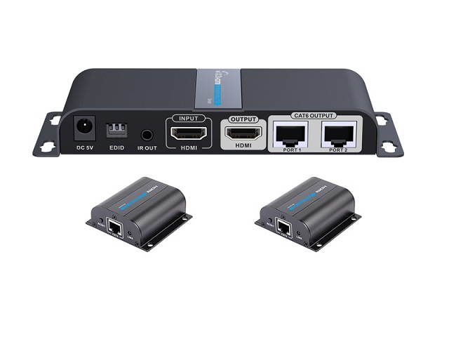 1 In 2 Out, LKV712Pro HDMI Extender 1080P@60HZ 1x2 Splitter Device Over CAT6/6A/7/8 Cable, Transmission up to 40m/131ft with Loop-Out Local Display,Support IR Remote Control,EDID Function