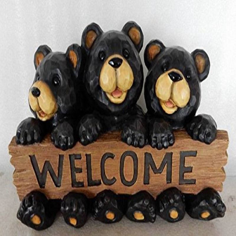 8.5" Polyresin Bear Family with Welcome Sign Outdoor Statue Black - Hi-Line Gift