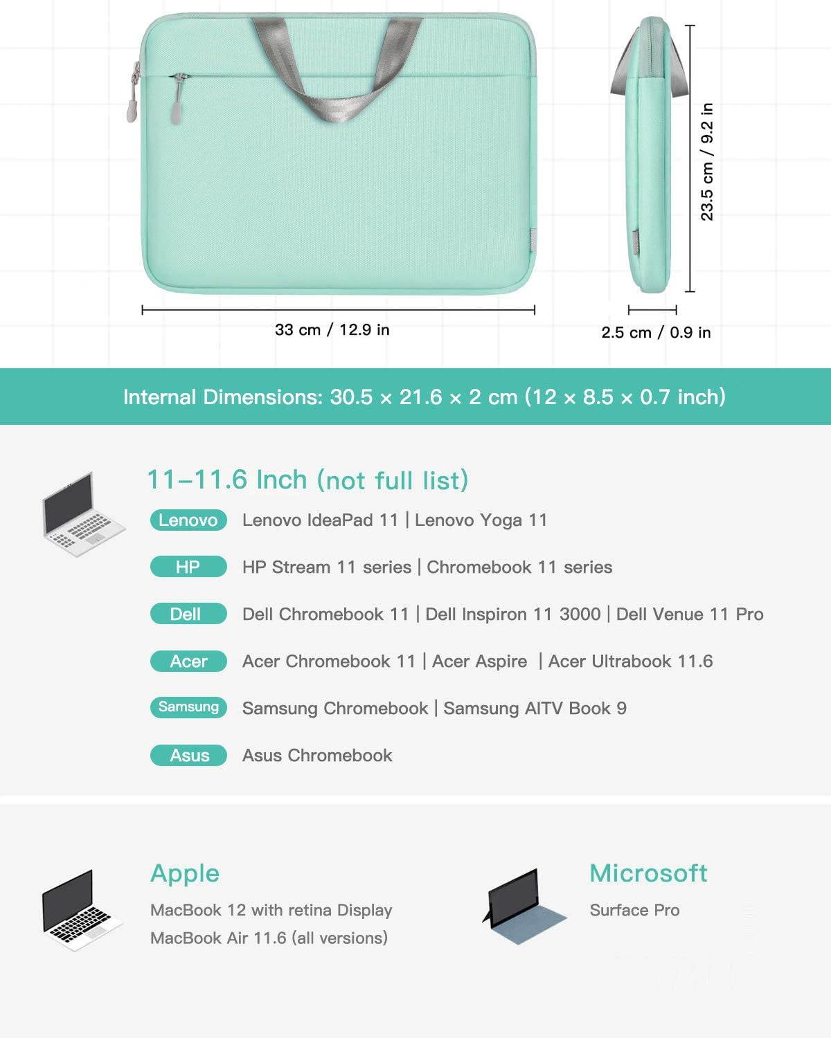 Inateck 11.6-12.3&rdquo; Chromebook Case Laptop Sleeve, Ultrabook Notebook Compatible with Acer Chromebook r11/HP Stream/Surface pro 3/4/5/6/7/X -Mint Green