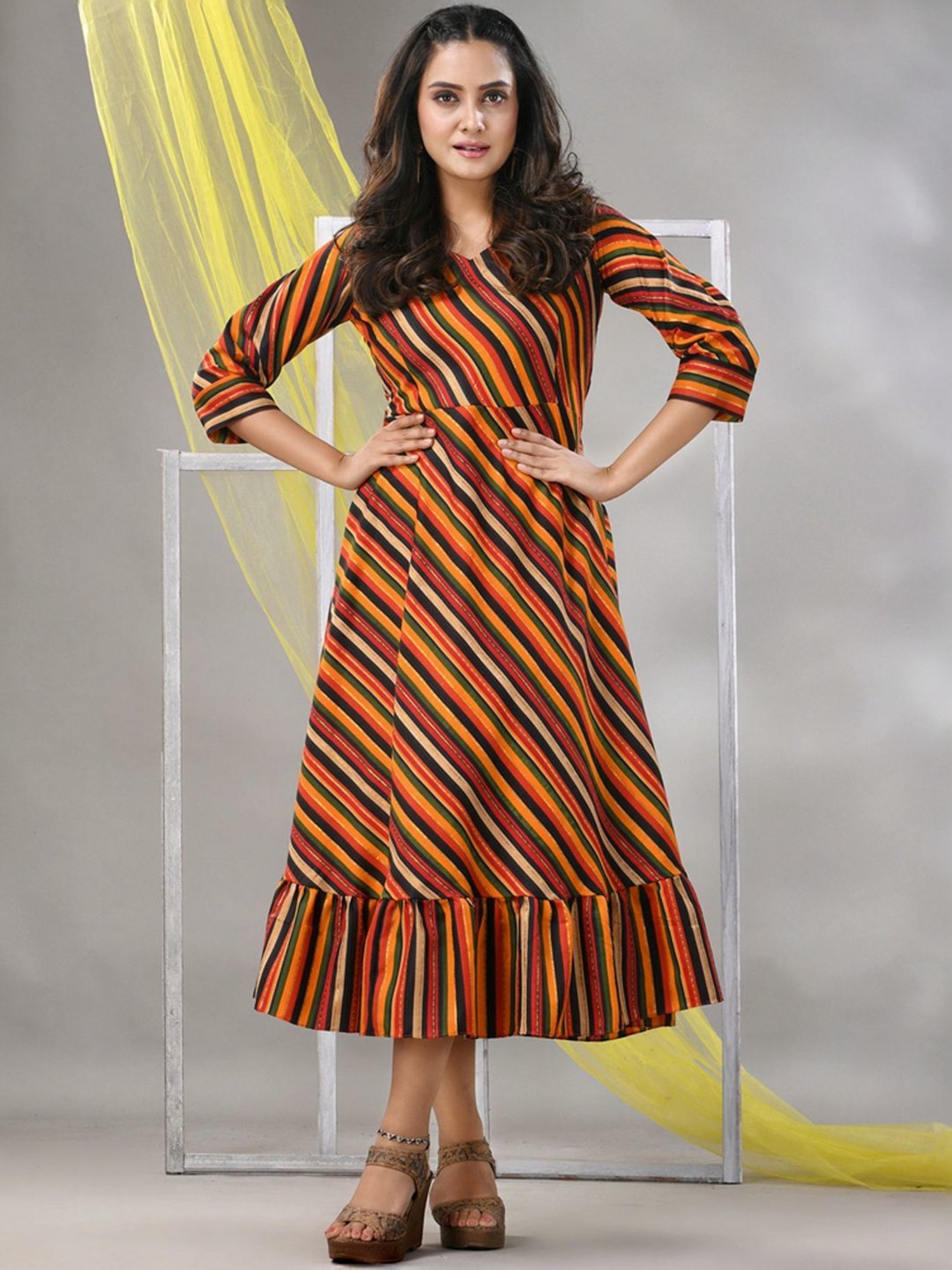 CHARUKRITI Multicolored Striped A-Line Dress