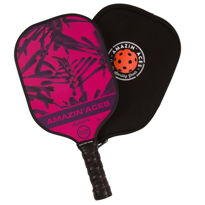 Amazin Aces Signature Pickleball Set with 2 Graphite Face Paddles, 4 Balls, Paddle Covers, and Carry Bag, Blue and Pink