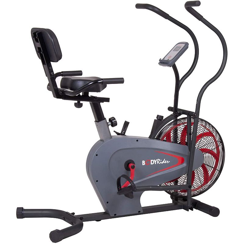 Body Flex Sports Body Rider BRF980 Indoor Upright Air Resistance Stationary Bike with Curve Crank Technology, Dual-Action Handlebars, and Back Support