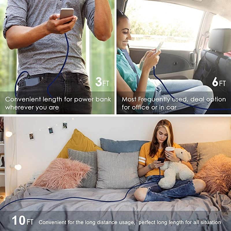 Angle iPhone Charger 5Pack 90 Degree Lightning Cable 3FT/6FT/10FT Long Nylon Braided iPhone Data Cable Wire Fast Charging Cord Compatible iPhone/iPad/ (Blue Black)