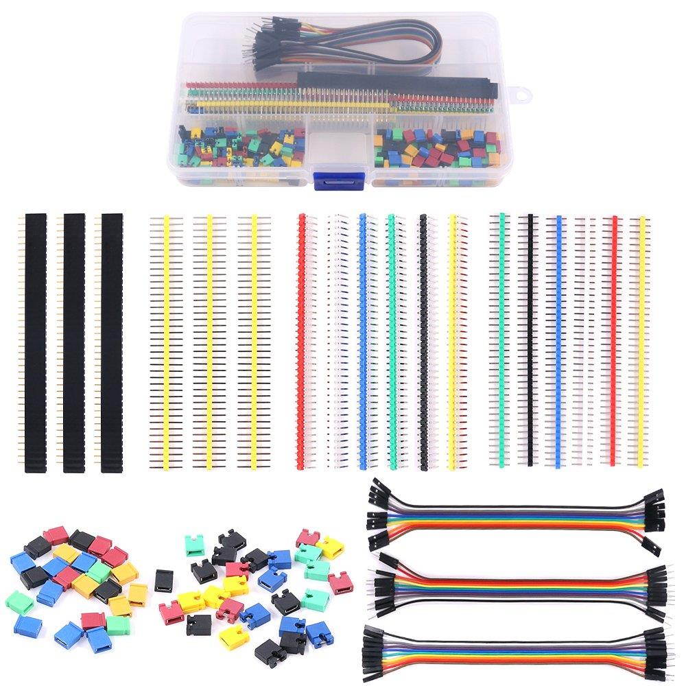 Glarks 248Pcs 40 Pin Breakaway Pin Headers and 2.54mm Circuit Board Jumper Caps with Breadboard Dupont Jumper Wire Ribbon Cables Connectors Assortment Set for Electronic Technology Arduino DIY