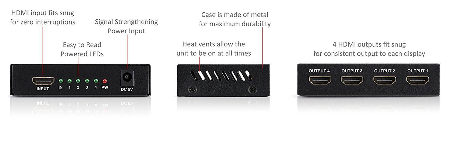 4K HDMI Splitter &ndash; 1 Input Device to 4 Displays &ndash; Save Money by Ditching Extra Cable Boxes - Powerful Signal Transfer Up to 65ft &ndash; Record & Stream Games from PS4, XBOX ONE & more