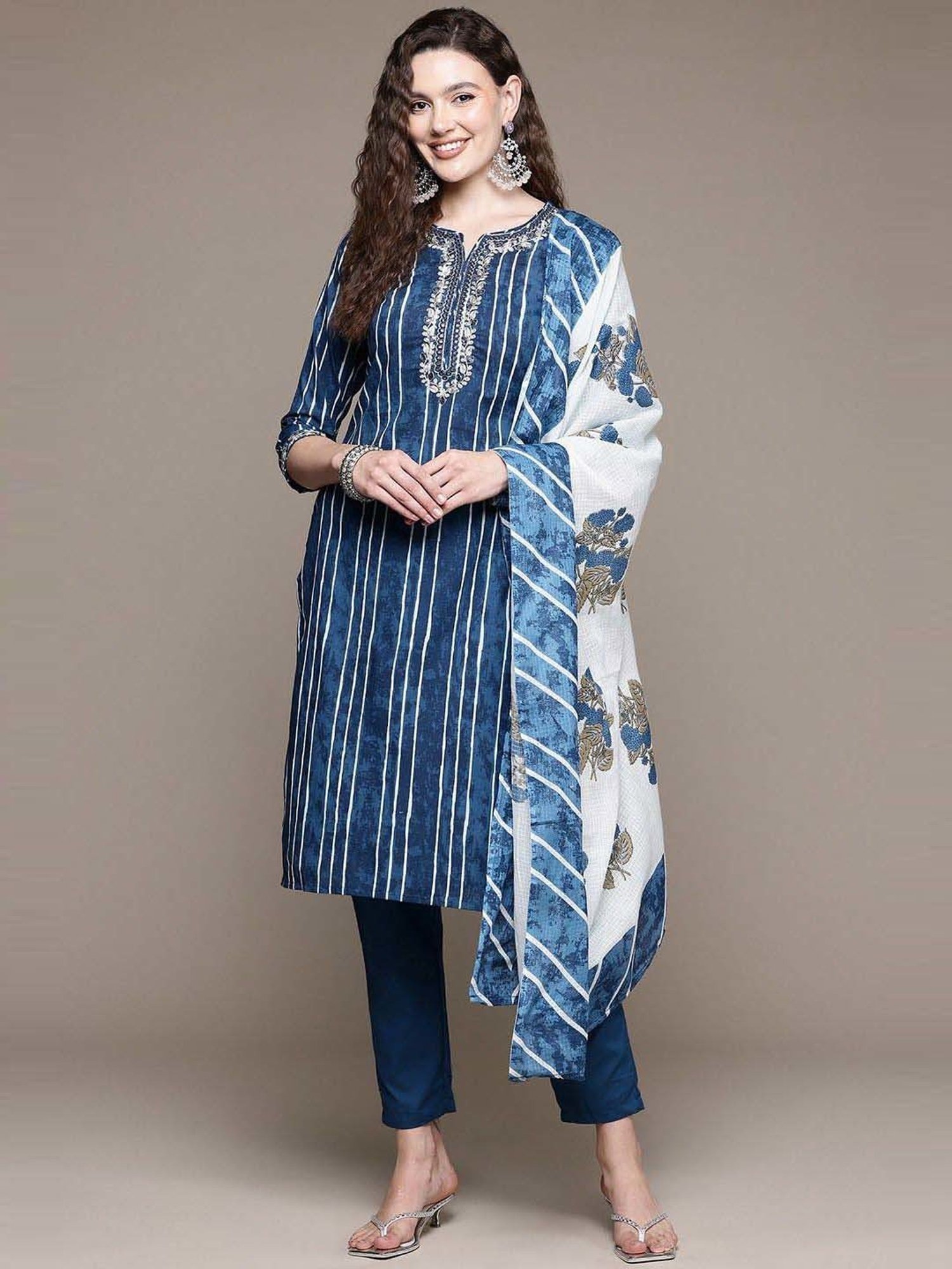 READIPRINT FASHIONS Blue Cotton Embroidered Kurta Pant Set With Dupatta