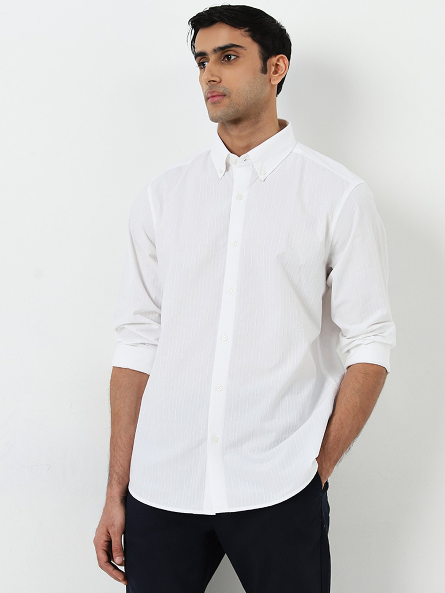Ascot by Westside White Textured Stripes Relaxed-Fit Cotton Shirt