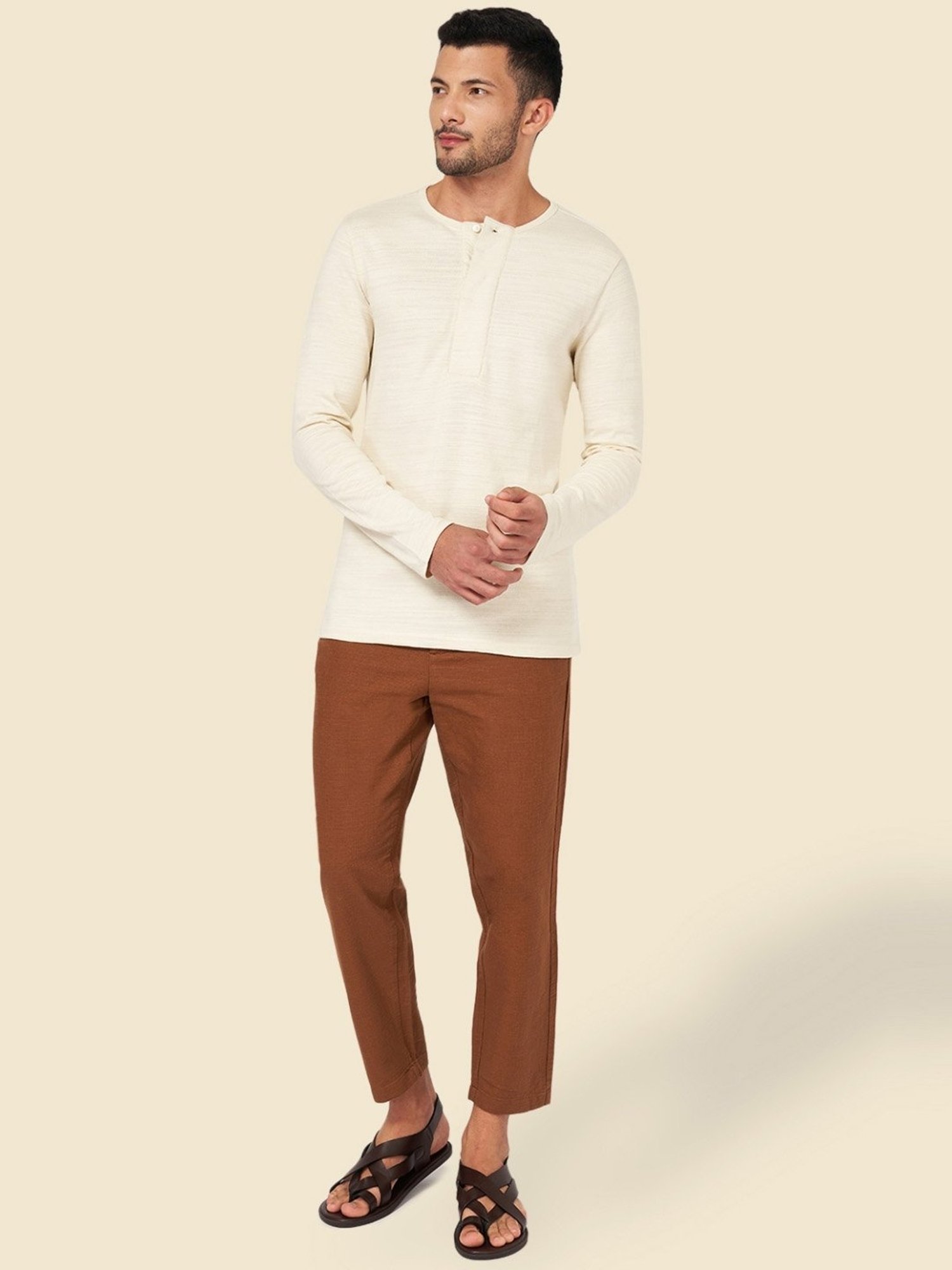 7 Alt by Pantaloons Off White Cotton Slim Fit Henley T-Shirt