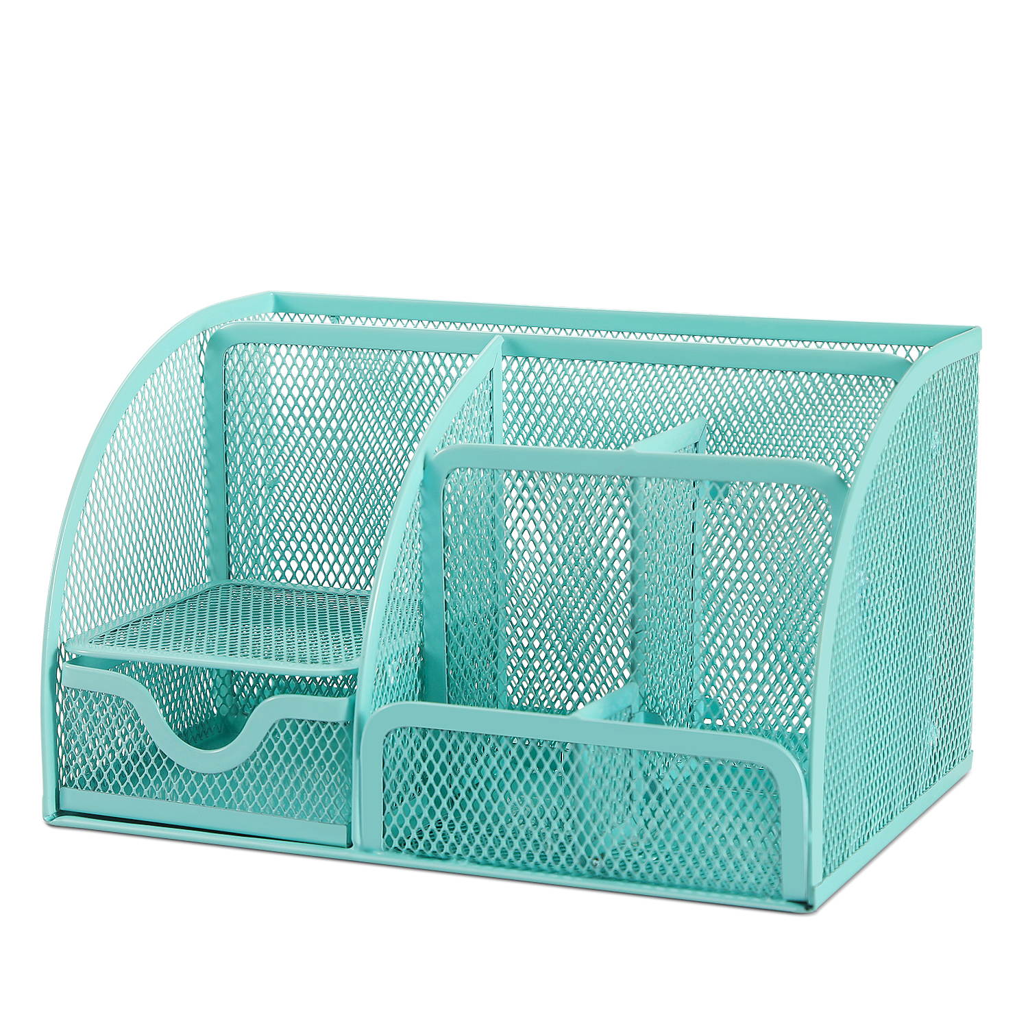 Desk Organizer Office Supplies Accessories Desktop Tabletop Sorter Shelf Pencil Holder Caddy Set - Metal Mesh with Drawer and 6 Compartments (Turquoise/Aqua)