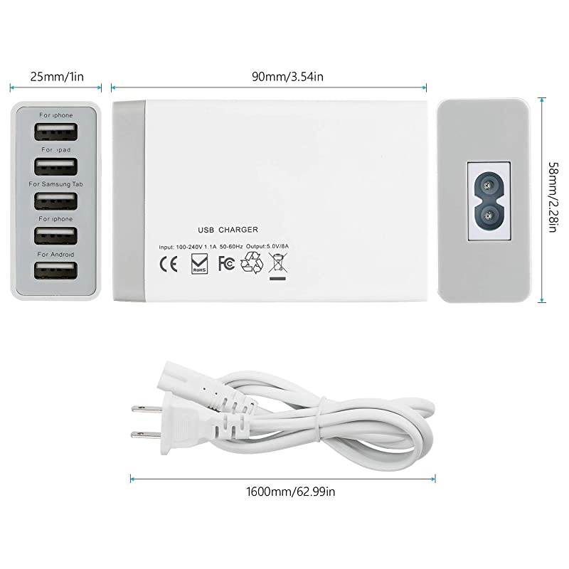 Wall Charger with 5 Port 40W 8A Compatible for Tablet, Phone X Plus 8 Pro, Cell Devices Product, Android Phone and All Port Devices, Desktop Charging Stations for Multiple Devices