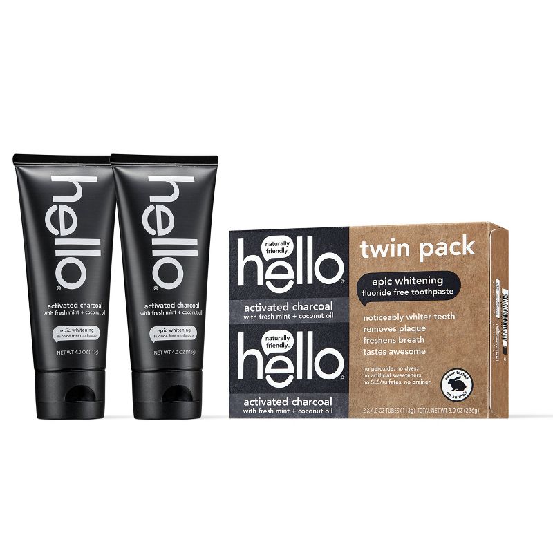 hello Activated Charcoal Epic Whitening Fluoride Free Toothpaste SLS Free + Vegan Twin Pack - 4oz/2pk
