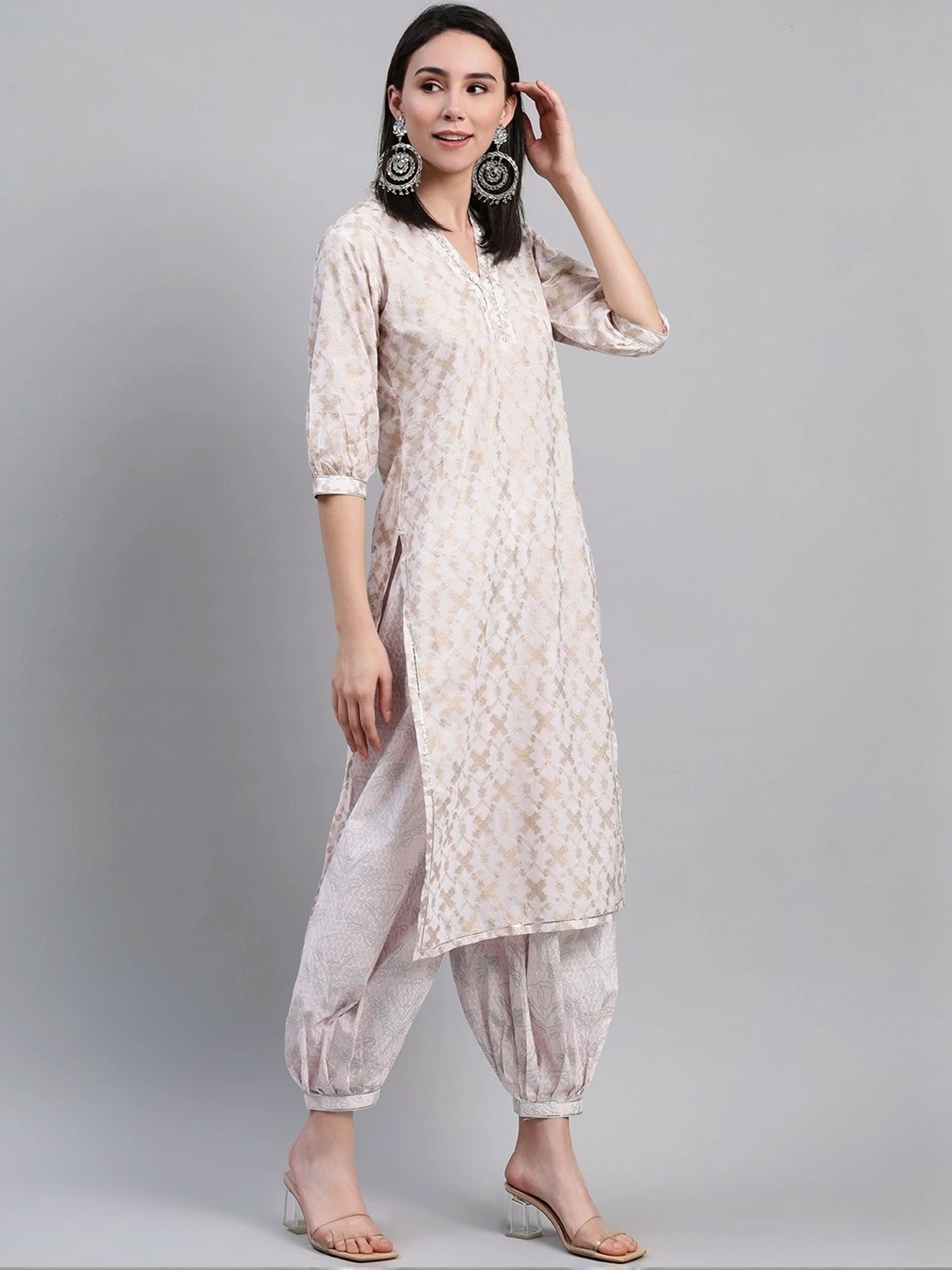 Libas Beige Cotton Printed Kurta Salwar Set With Dupatta