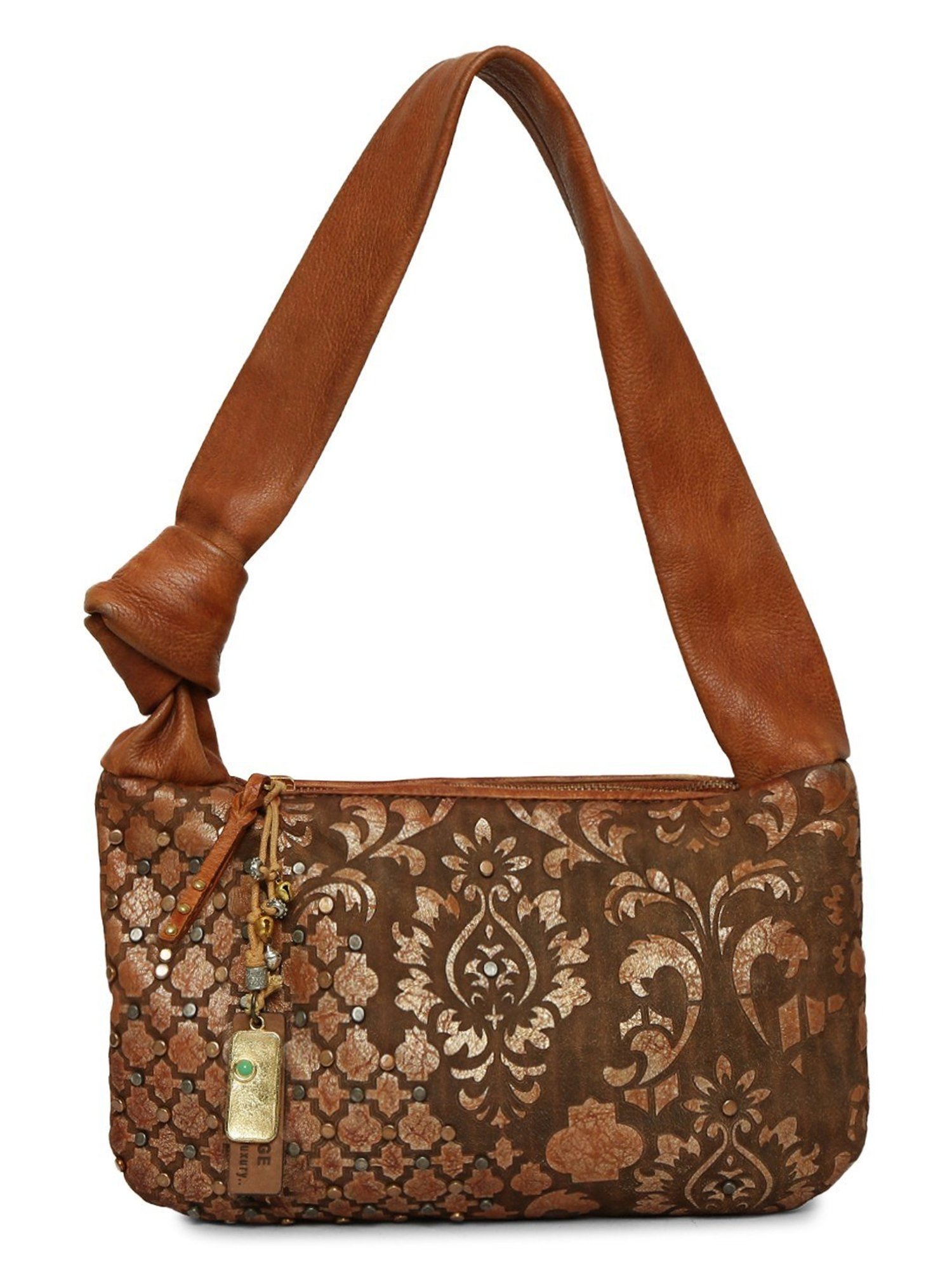 Art N Vintage Luminosa Cognac Leather Floral Medium Hobo Handbag