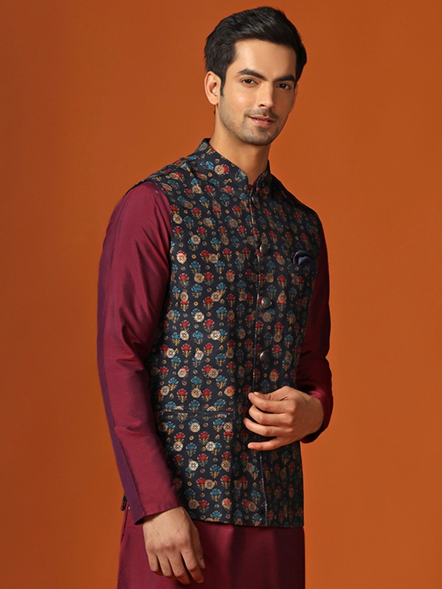 KISAH Indigo Regular Fit Printed Nehru Jacket