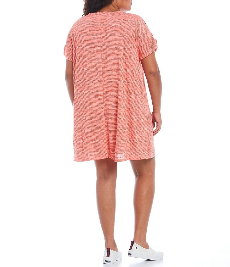 Ruby Rd. Plus Size Silky Knit Terry Space Dyed Stripe Scoop Neck Cold Shoulder Short Sleeve Dress