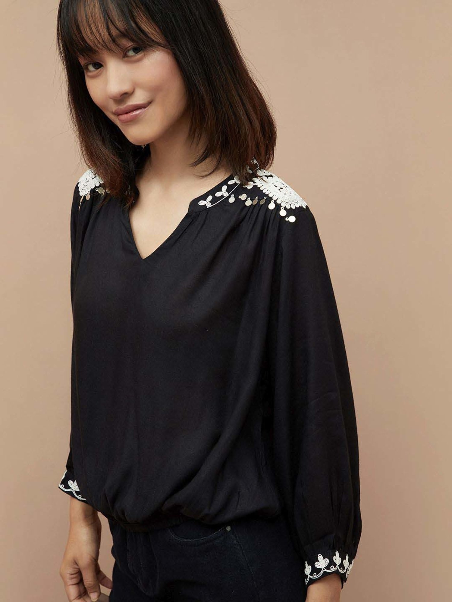 Colour Me by Melange Black Embroidered Top