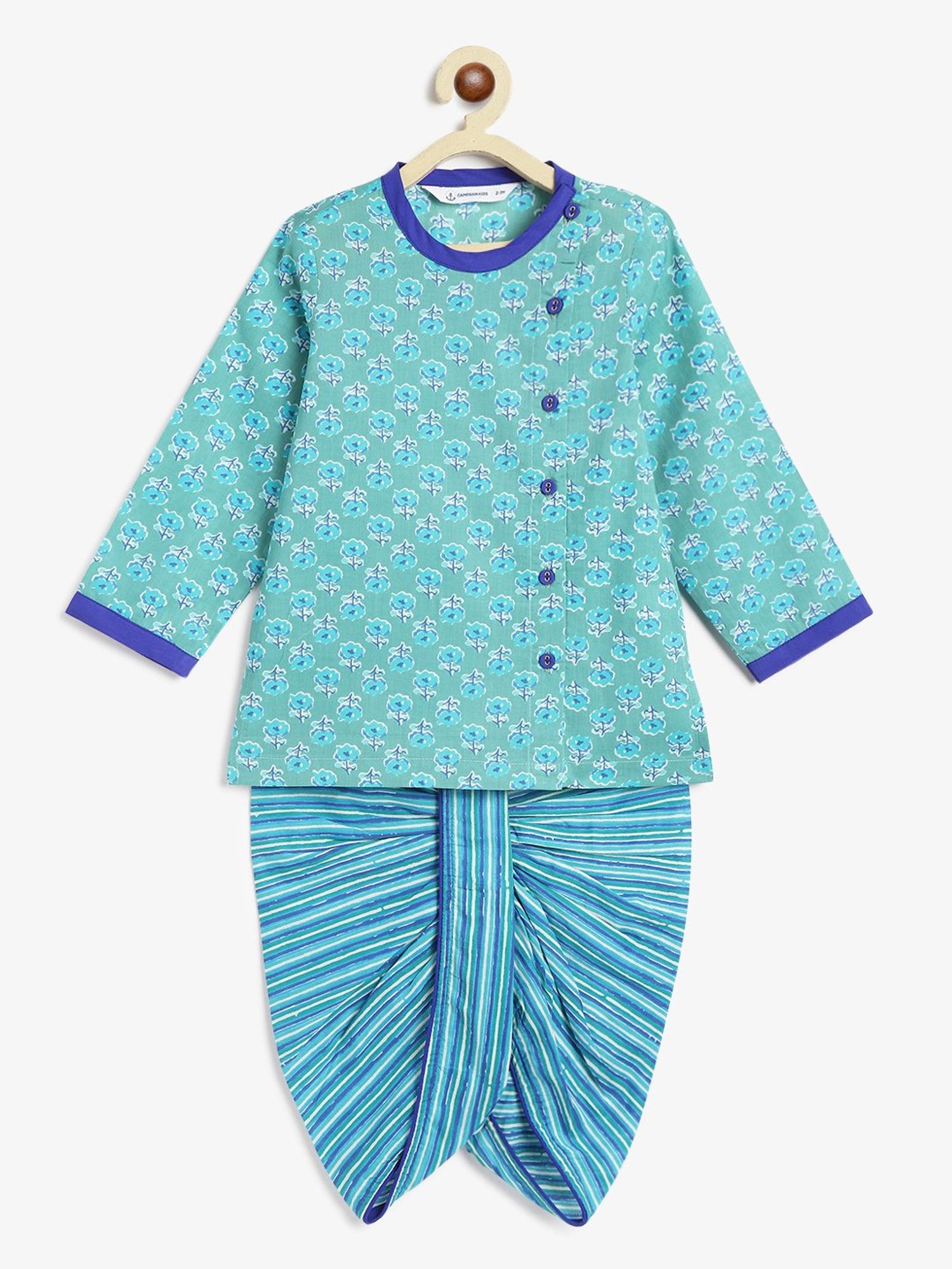 Campana Kids Green & Blue Printed Full Sleeves Kurta with Dhoti
