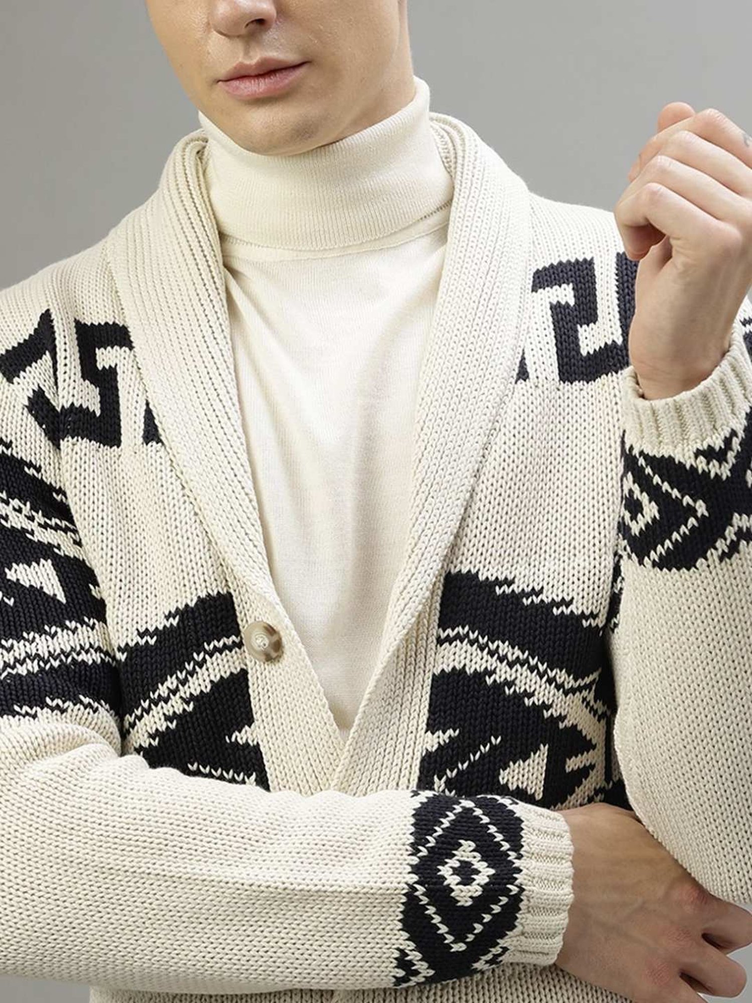 Lindbergh Beige Cotton Regular Fit Self Pattern Sweaters