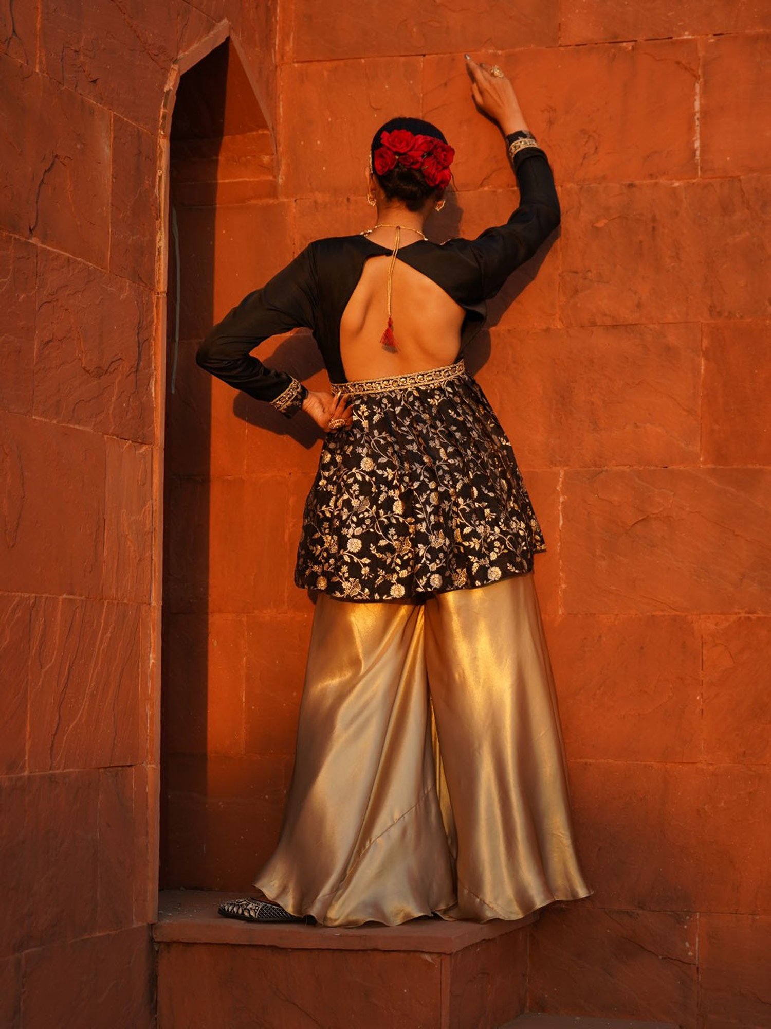 Monk and Mei Yasmin Peplum Top with Satin Sharara Pants