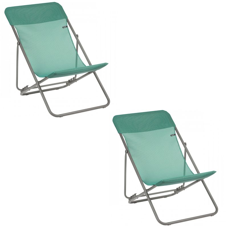 Lafuma Maxi Transat 4 Position Recline, Lockable Angle Folding Outdoor Camping Steel Batyline Mesh Sling Lounge Chair, Chlorophyll (2 Pack)
