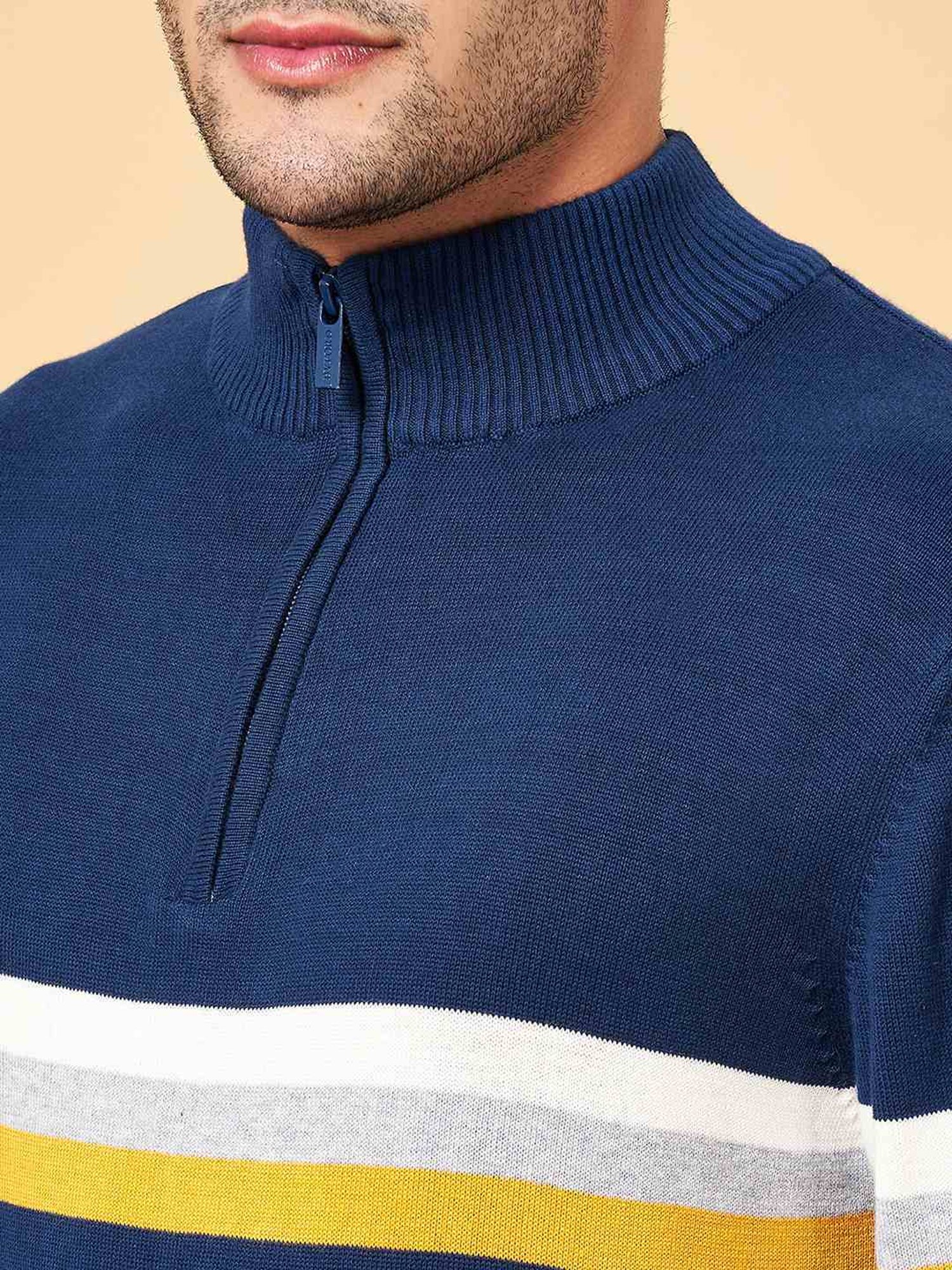 Byford by Pantaloons Blue Cotton Slim Fit Striped Sweater