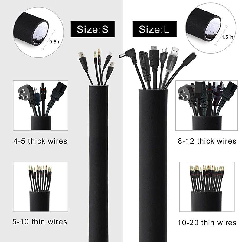 118Inch Cable Management Sleeves with Cable Ties Neoprene Cable Organizer Cord Cover Wire Hider for TV Computer Office Theater BlackampWhite Small