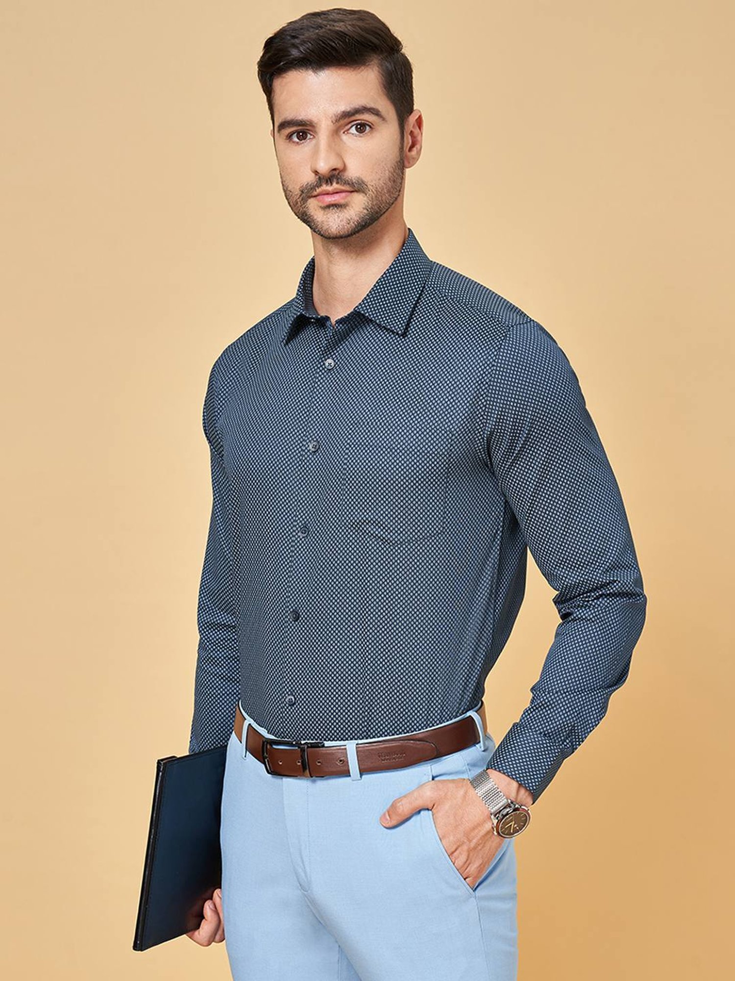 Peregrine by Pantaloons Brilliant Blue Cotton Slim Fit Printed Shirt