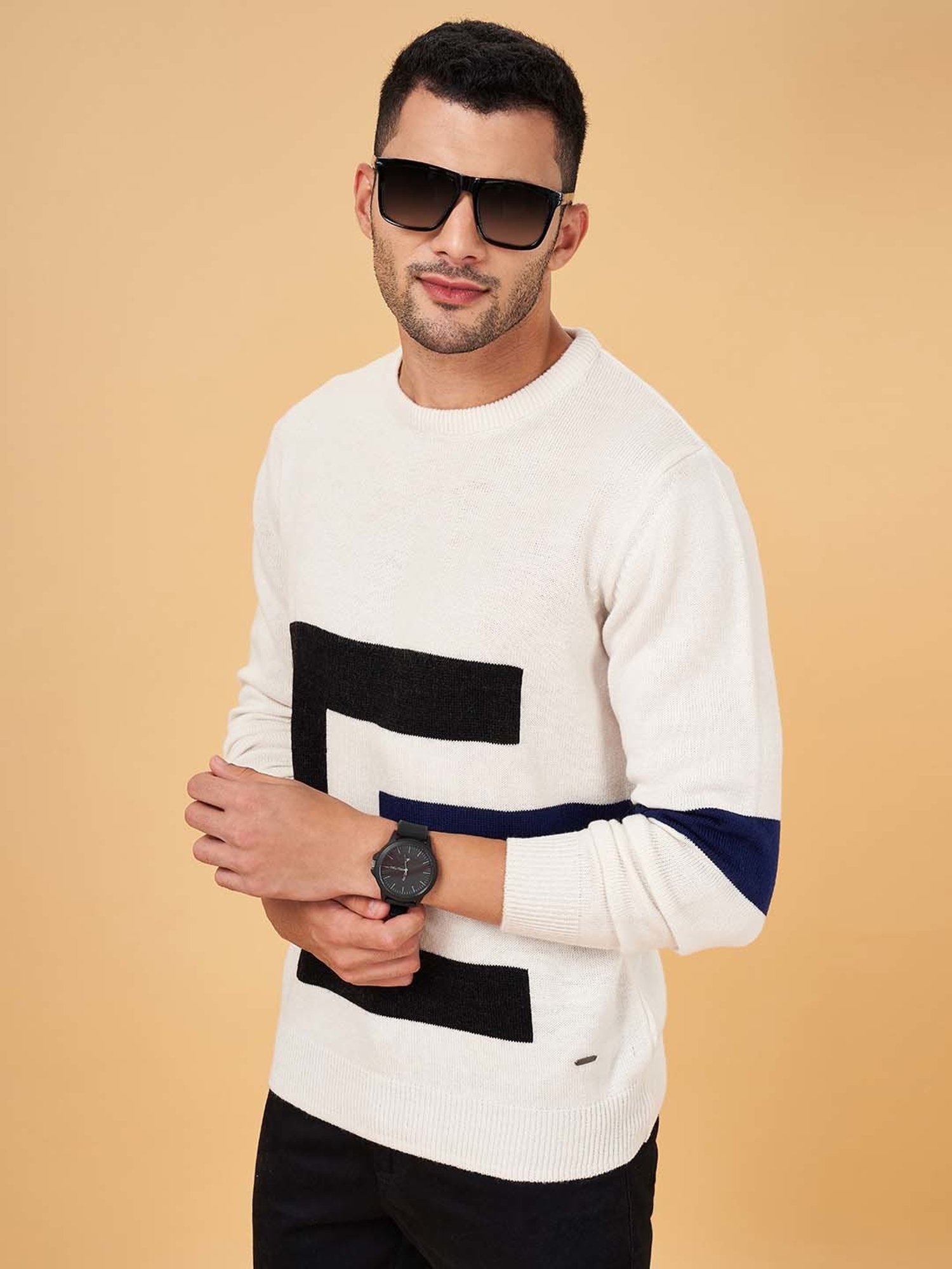 Byford by Pantaloons White Slim Fit Self Design Sweater