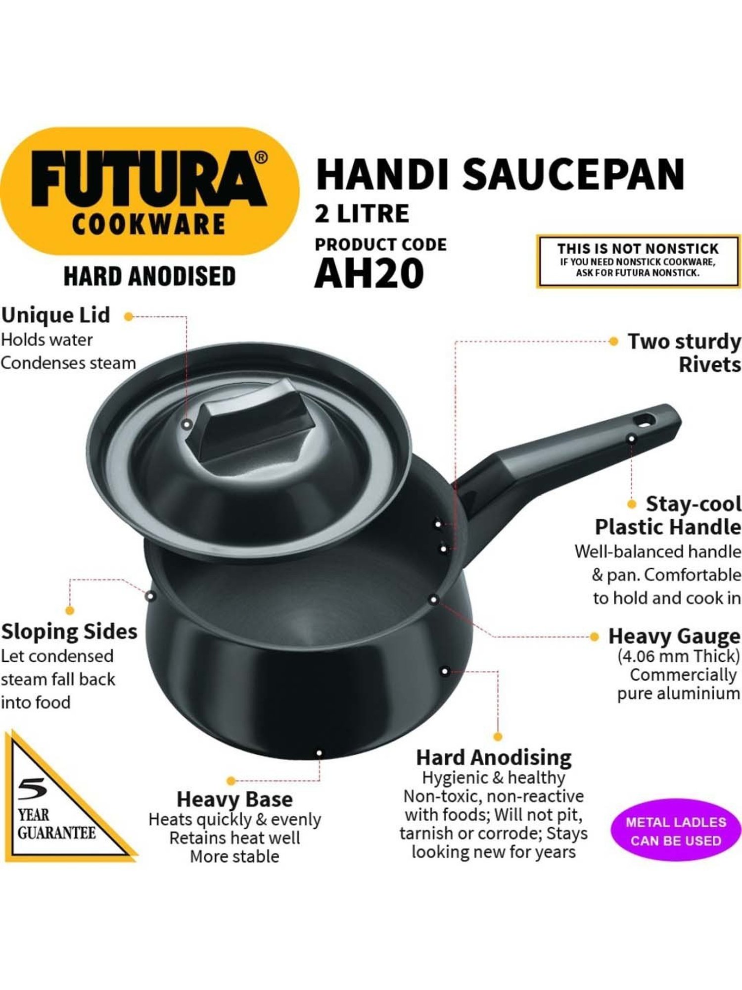 Hawkins Black Hard Anodised 18.8 cm Non-Toxic Handi Saucepan (2 L) - Set of 1