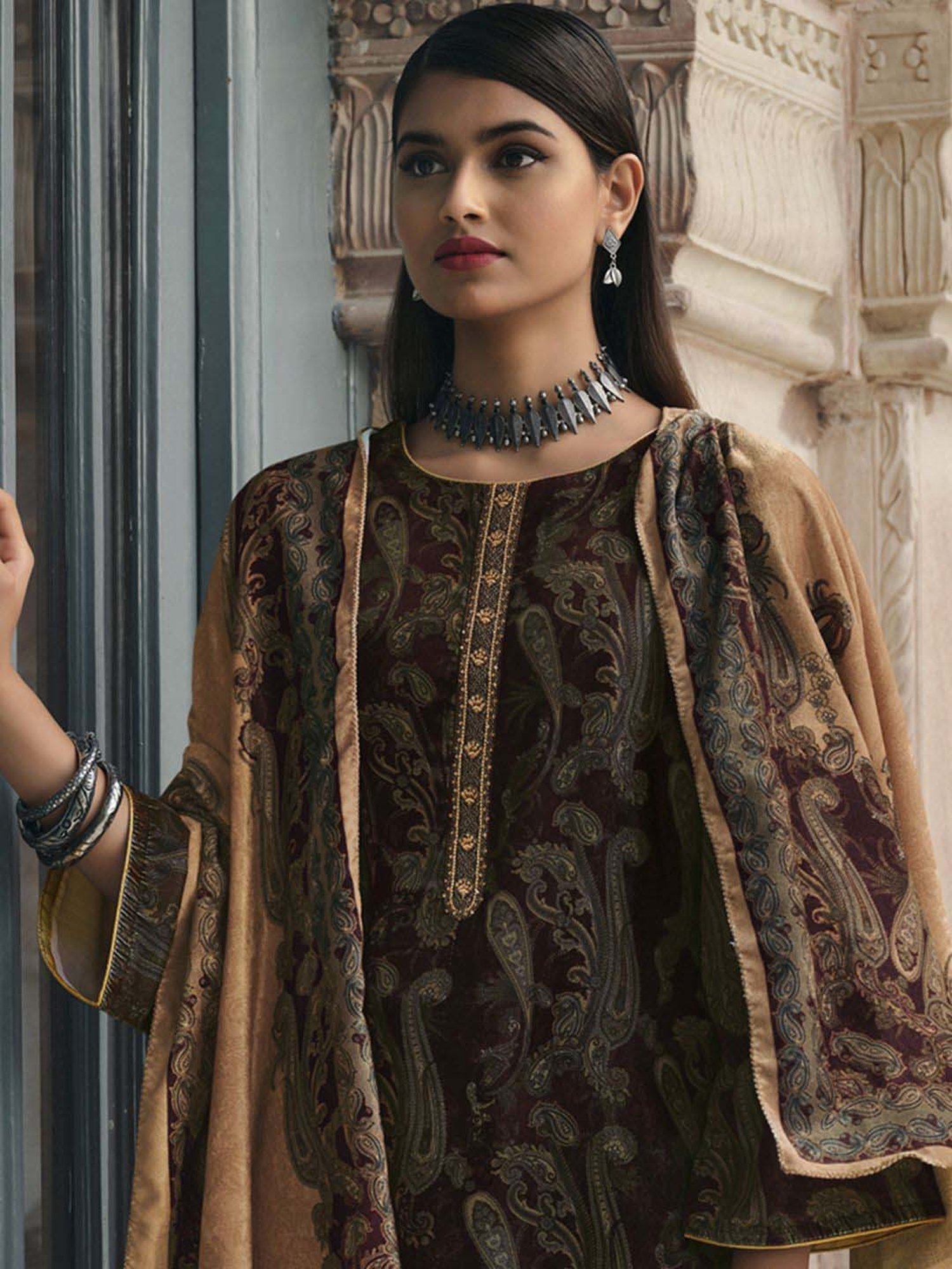 Stylee LIFESTYLE Brown Printed Unstitched Dress Material