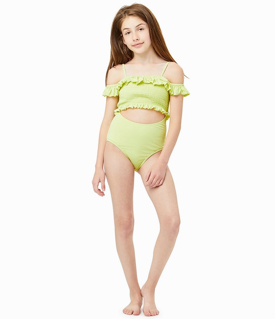 Habitual Big Girls 7-16 Cold-Shoulder Smocked Cutout Monokini Swimsuit